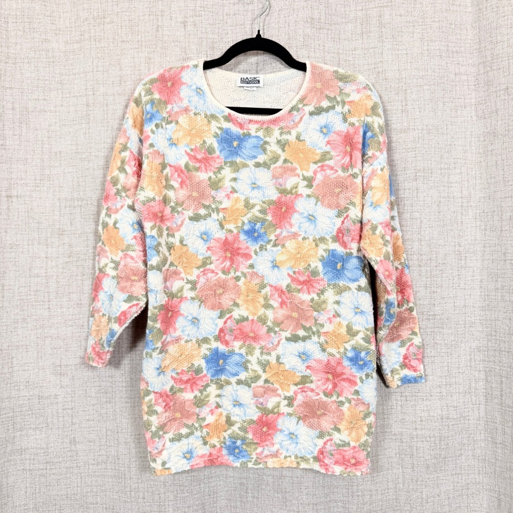 Vtg Basic Editions Floral Knit Sweater M Cottagecore Grandma‎ Grannycore Pastel